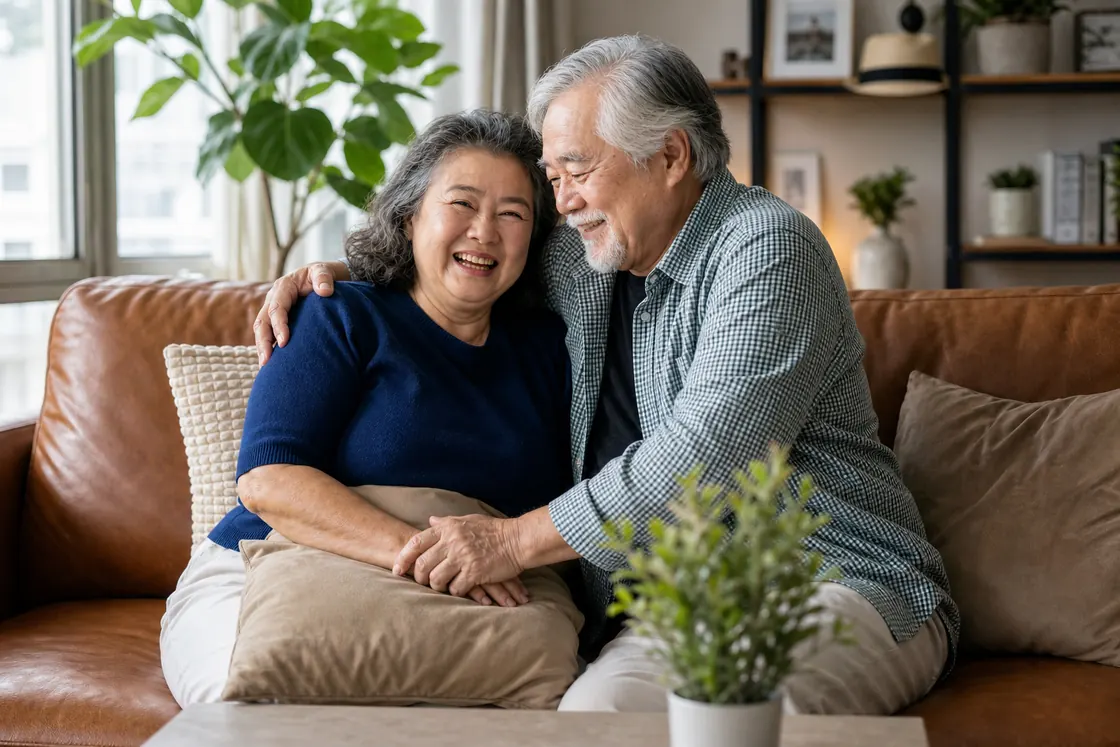 Older Asian couple laughing together on a living room couch.