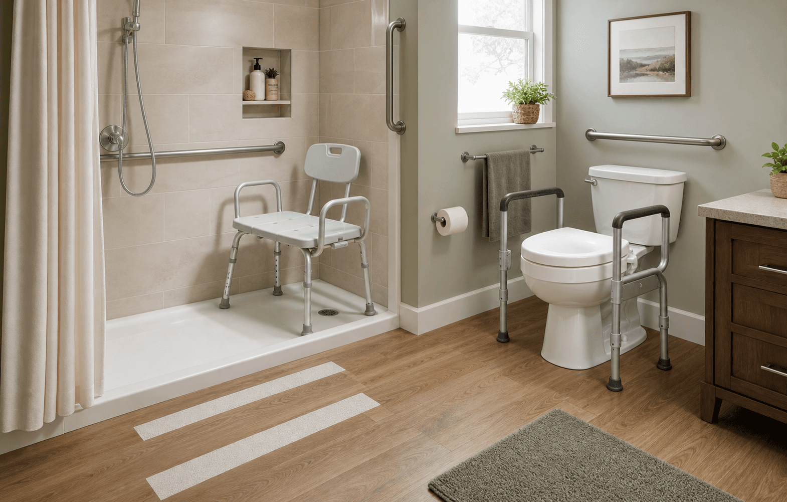 A bathroom arranged with visible supports for safer daily routines