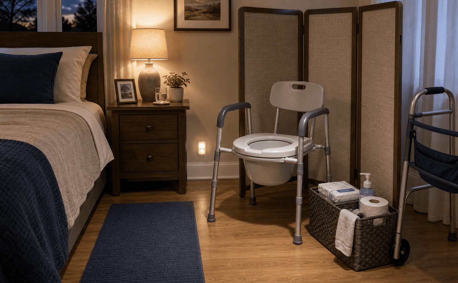Bedside Toileting Setup example arranged in a home.