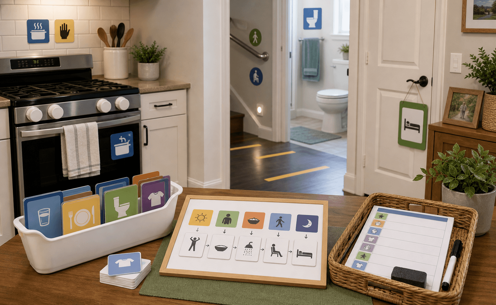 Dementia Cueing & Safety Setup example arranged in a home.