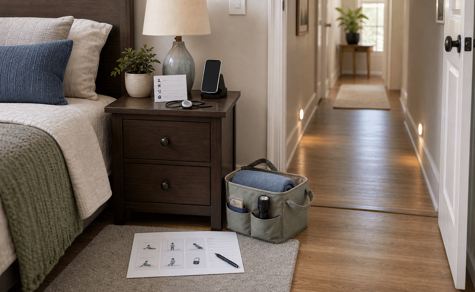 Fall Recovery Readiness Setup example arranged in a home.