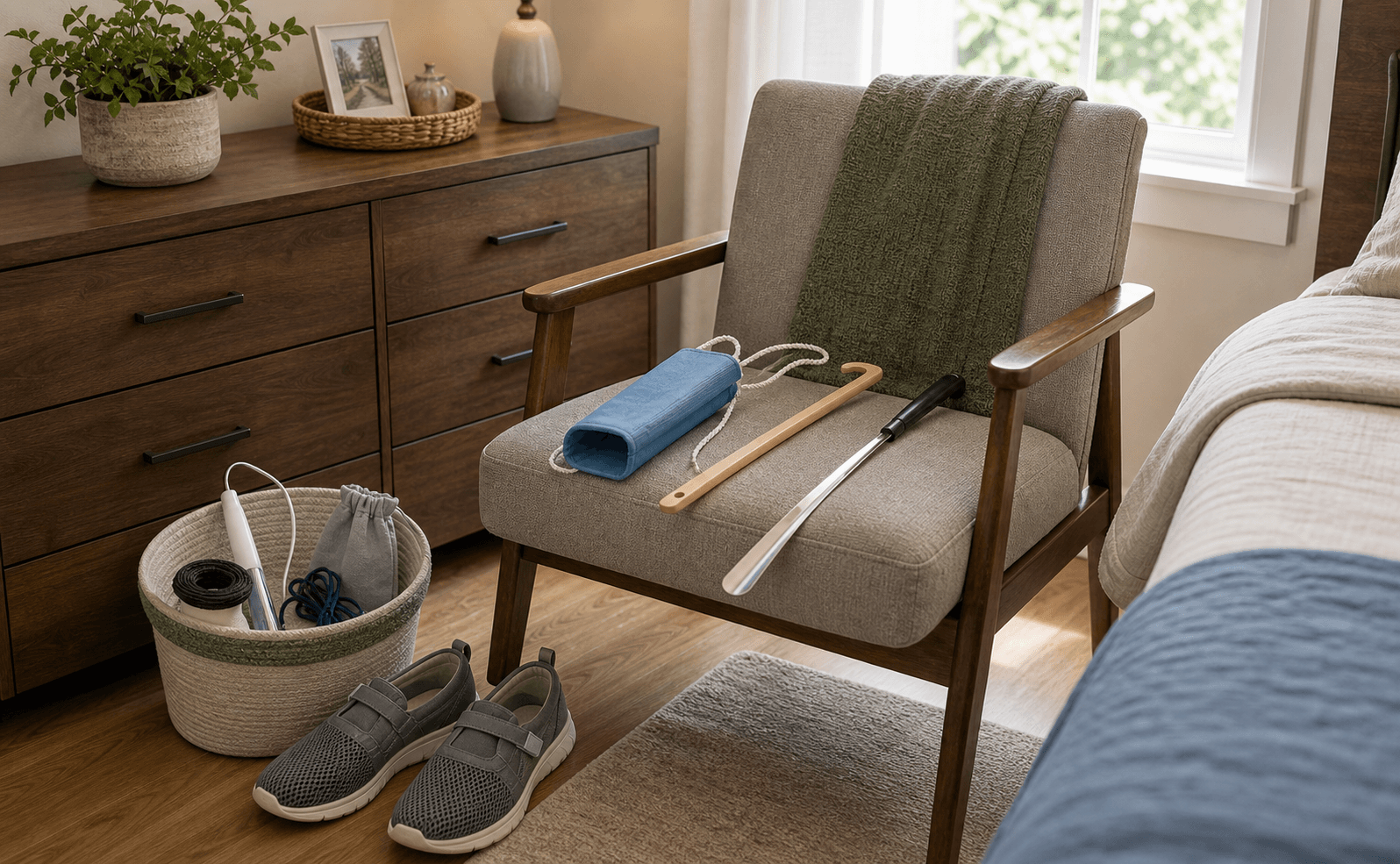 Footwear & Dressing Safety Setup example arranged in a home.