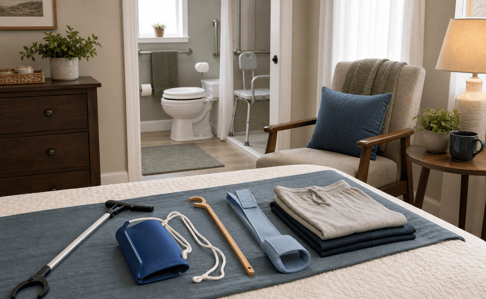 Hip/Knee Replacement Home Setup example arranged in a home.