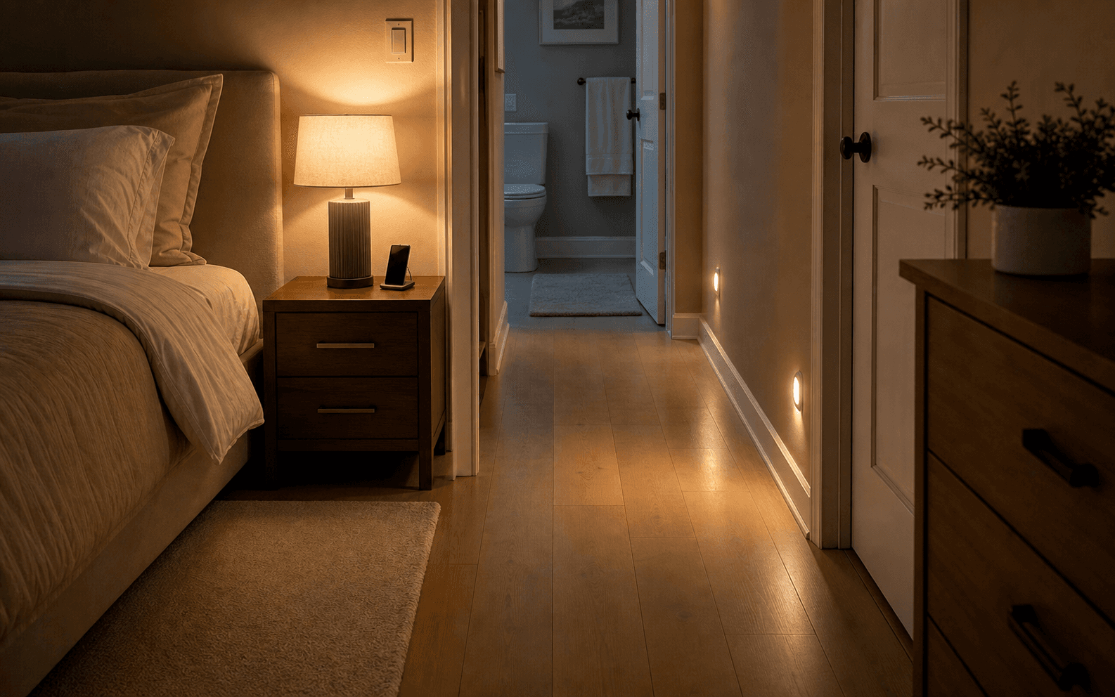 A softly lit path from a bedroom toward a bathroom