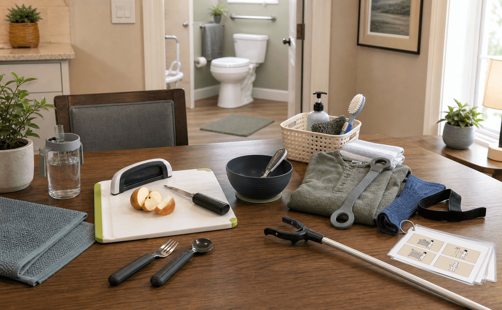 Stroke One-Handed Daily Routines Setup example arranged in a home.
