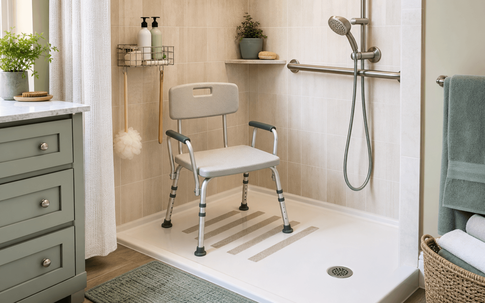 Seated Shower Safety Setup example arranged in a home.