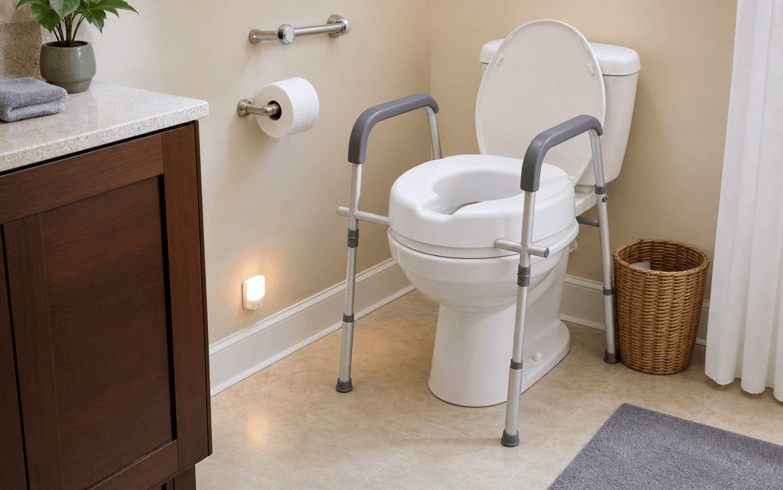 Toilet Transfer Safety Setup example arranged in a home.