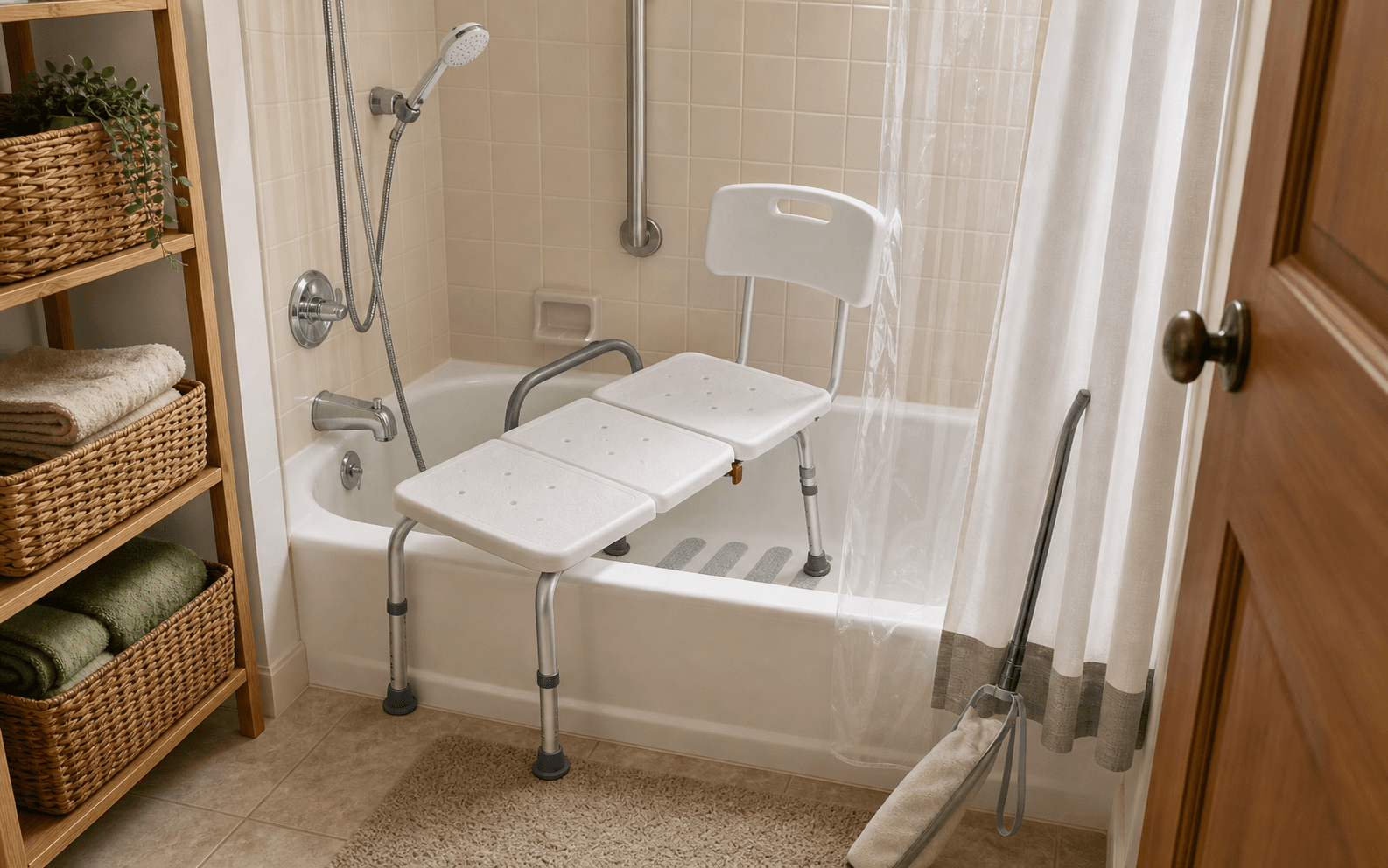 Tub Transfer Safety Setup example arranged in a home.